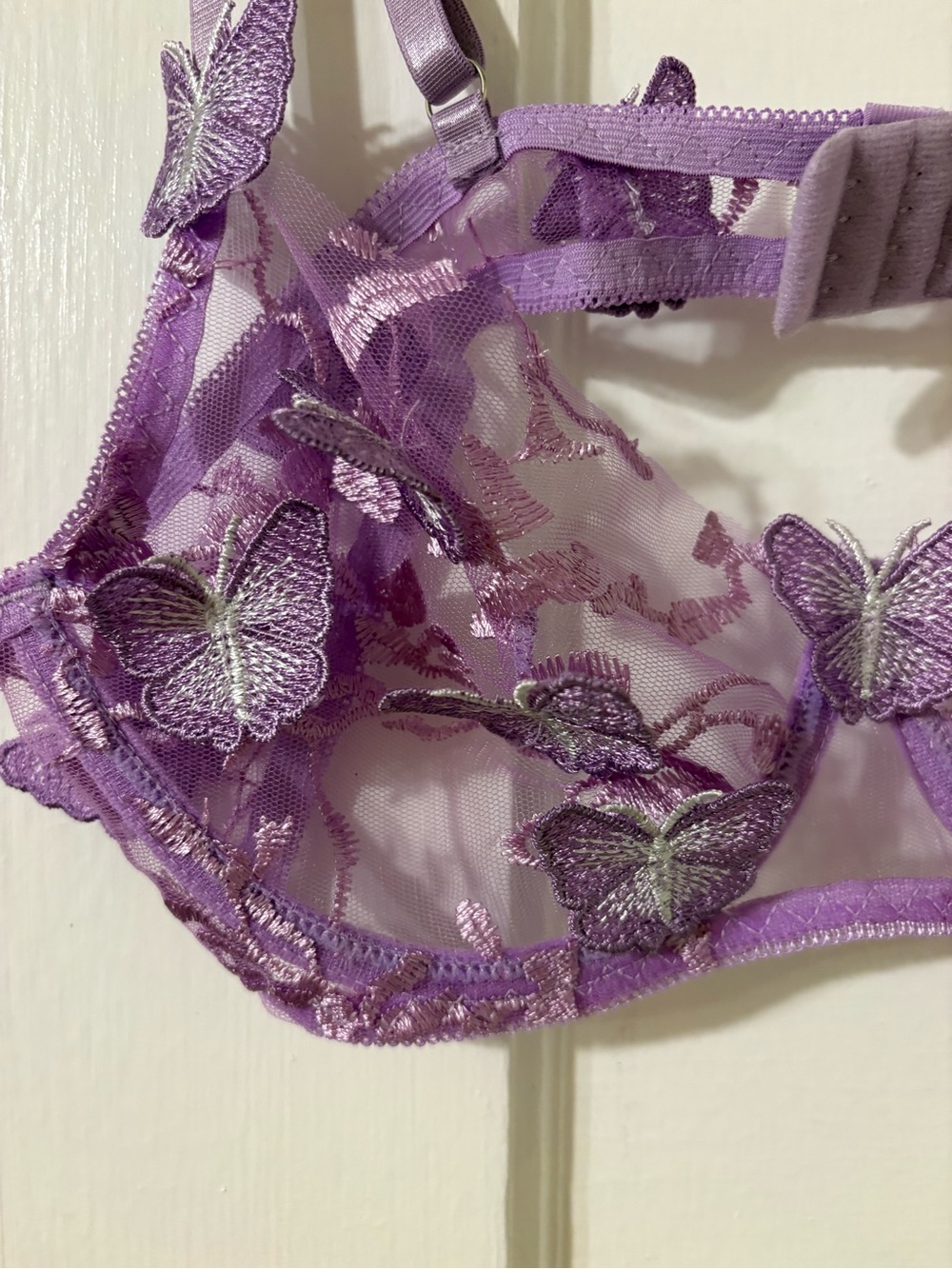 Lace Butterfly Embroidered Sheer Bralette and Bikini Panty Set with Garter Belt - Picture 2 of 7